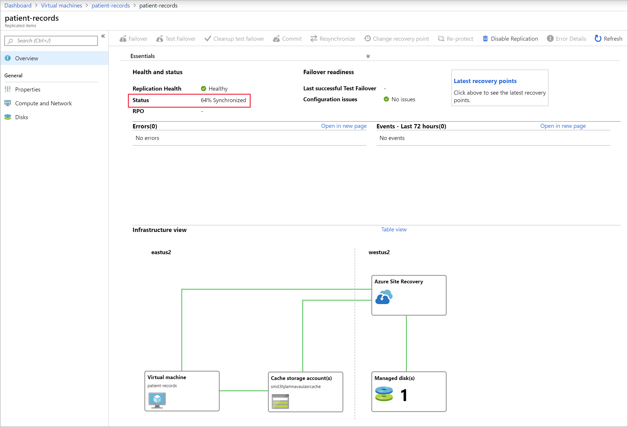 Screenshot showing the status of the patient-records VM, with the percentage synchronized highlighted.