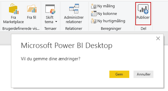 Skærmbillede af knappen Microsoft Power BI Desktop Publicer.