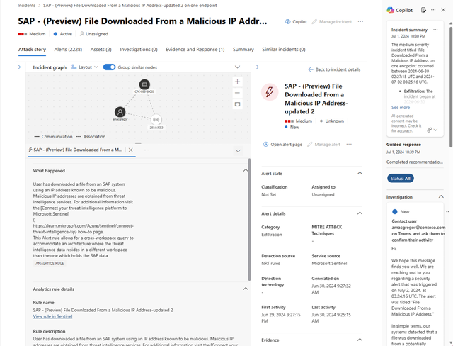 Et skærmbillede af Security Copilot, der bruger oplysninger fra Microsoft Sentinel til at generere en hændelsesoversigt