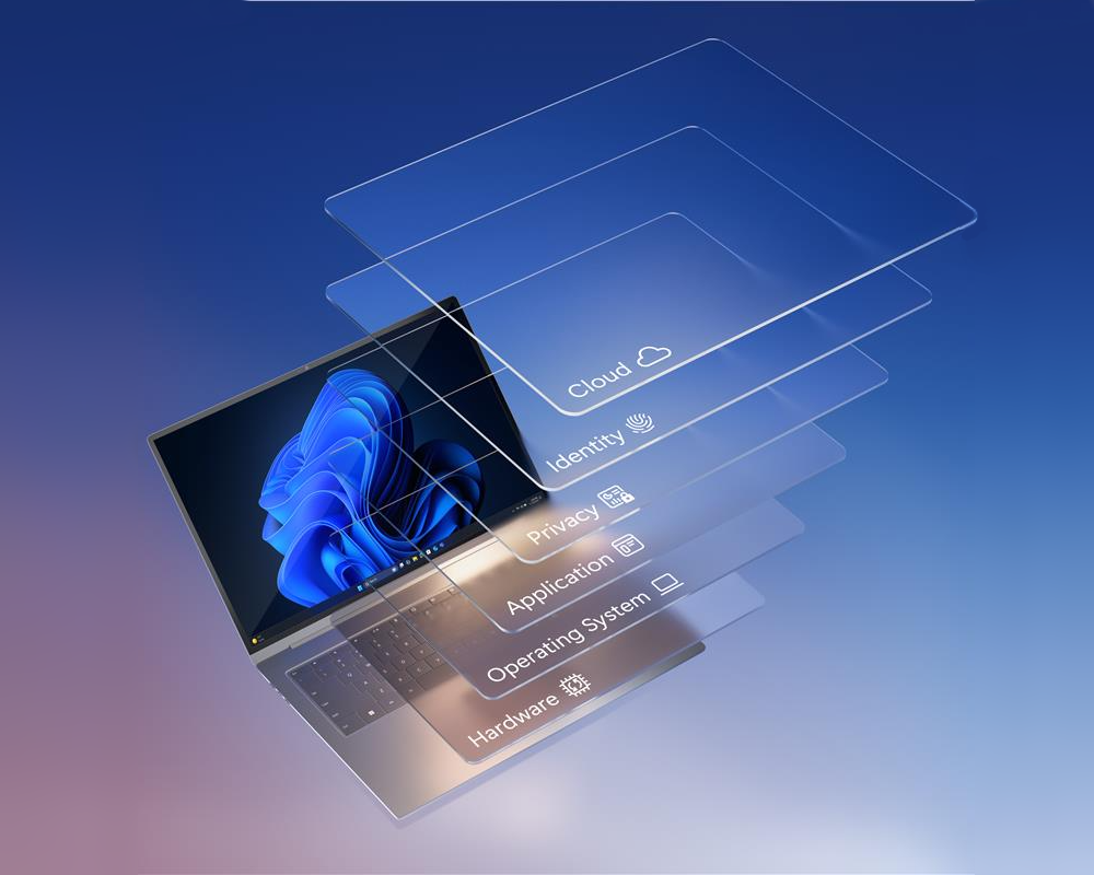 En illustration af de mange lag af sikkerhed, der beskytter brugere, enheder og data fra chip til cloud.