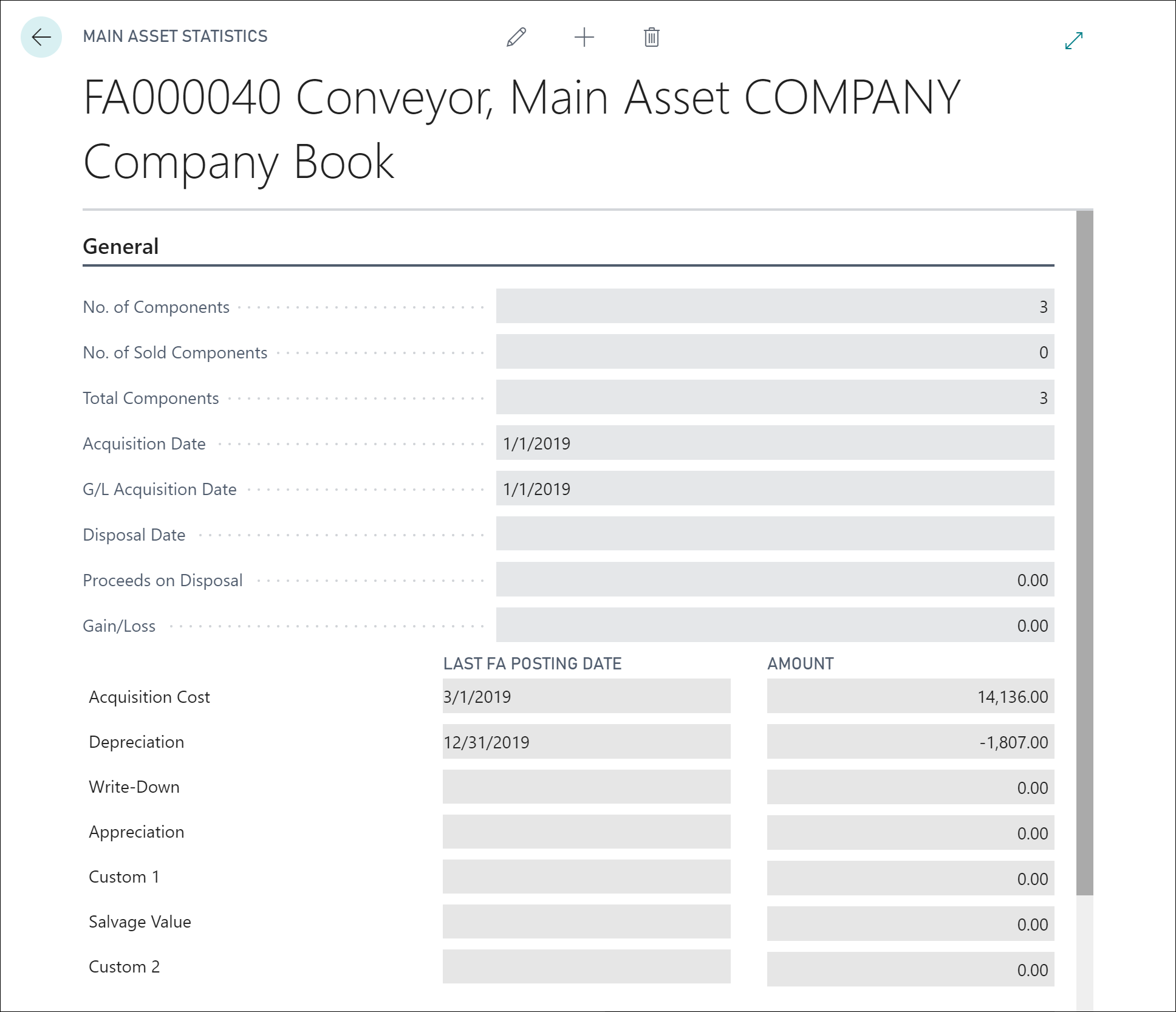 Screenshot of main asset statistics page from a fixed asset card.