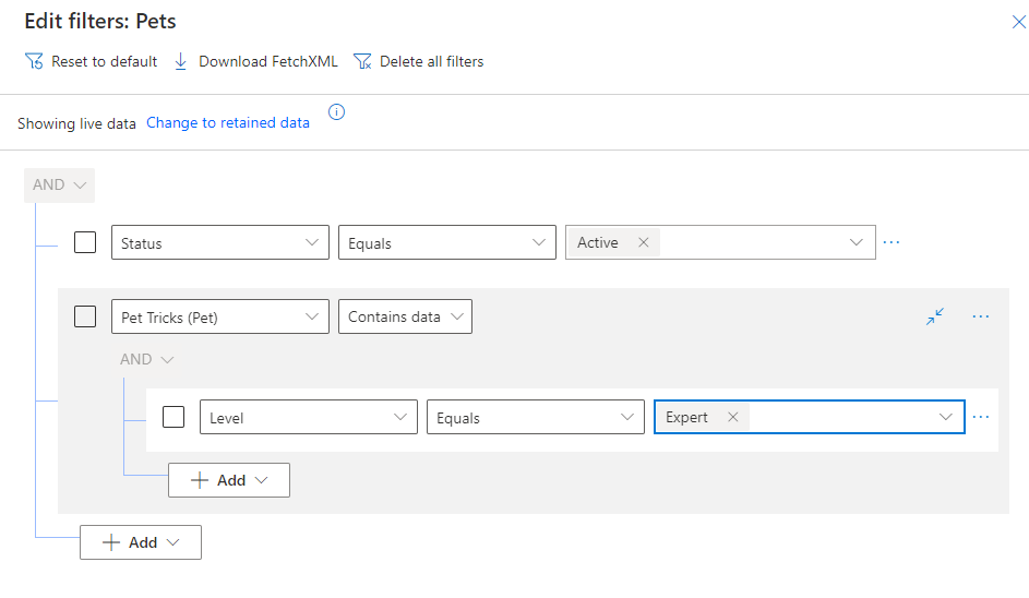 Screenshot of advanced find filters.