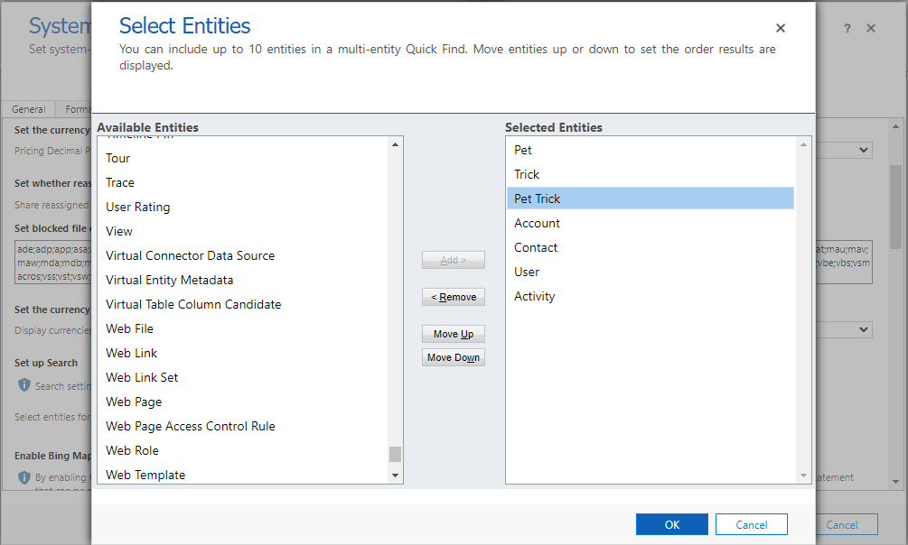 Screenshot of categorized search tables.