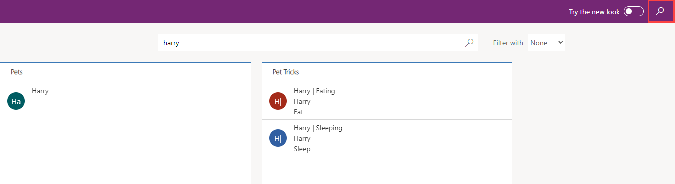 Screenshot of categorized search.