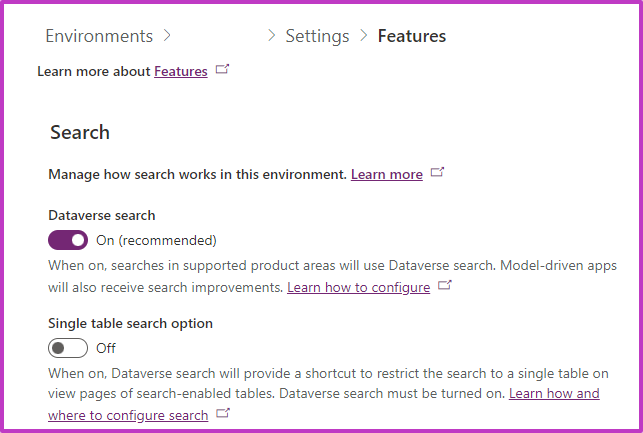 Screenshot enable dataverse search in PPAC.