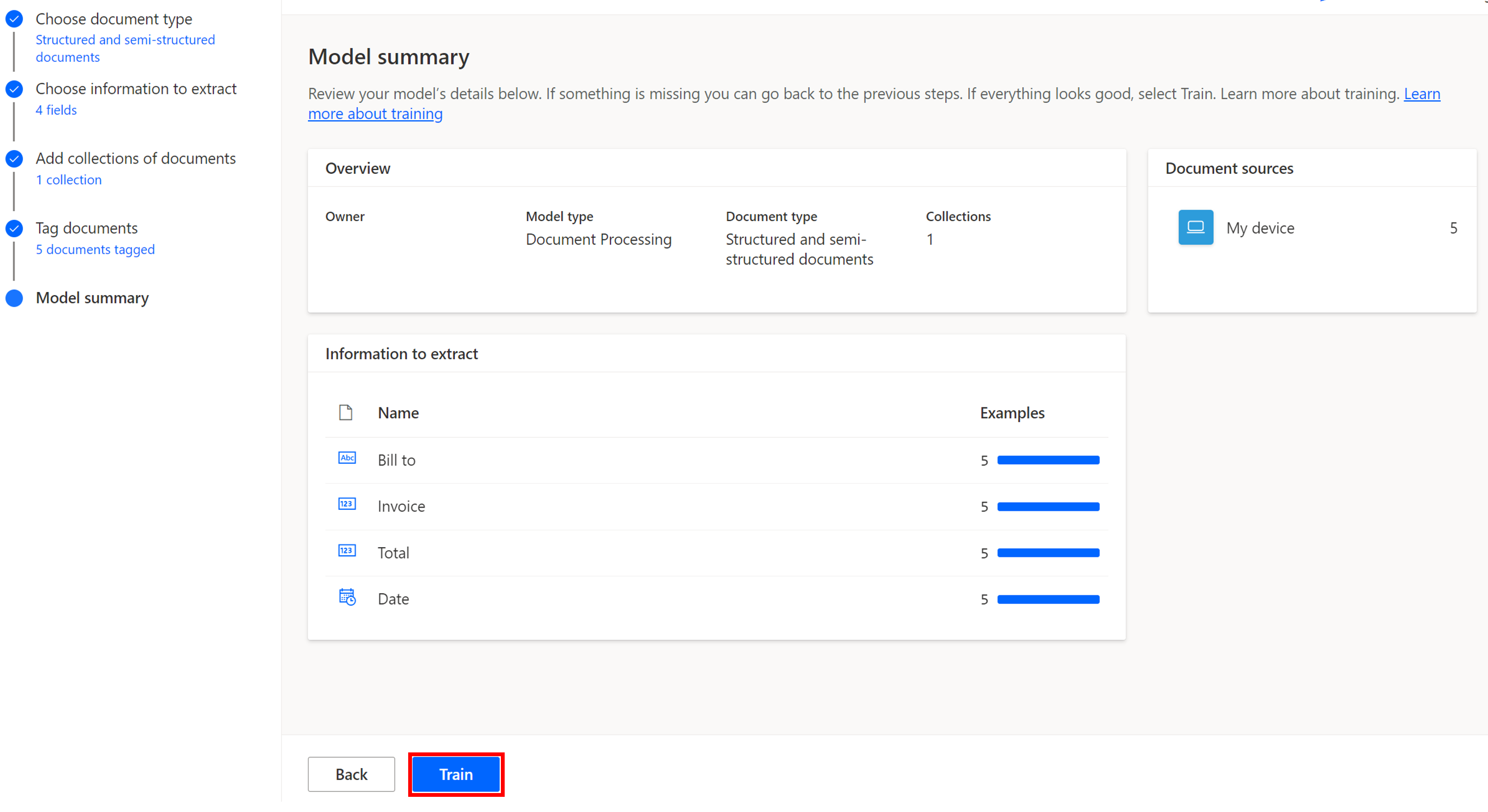 Screenshot of the Model summary dialog box with the Train button highlighted.