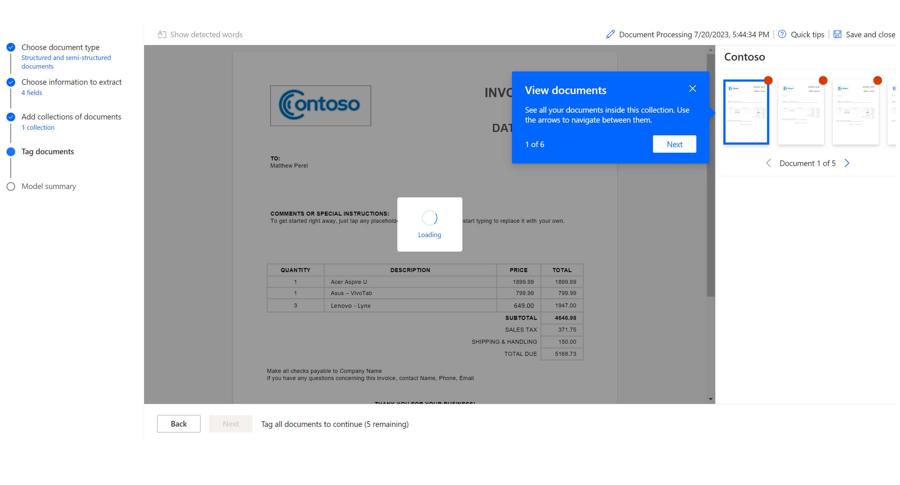Screenshot of the Show detected words dialog box with fields being selected.
