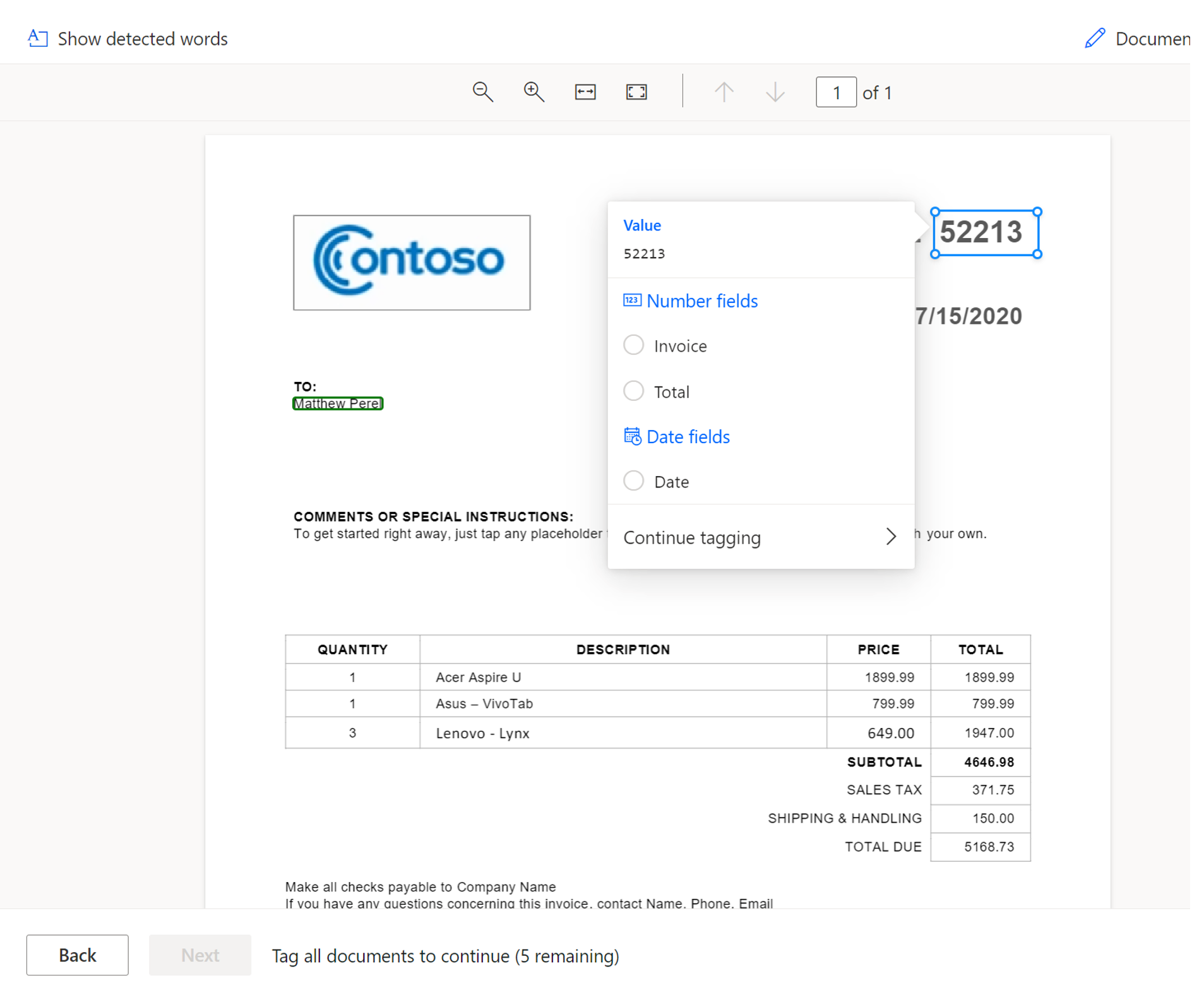 Screenshot of invoice number details.