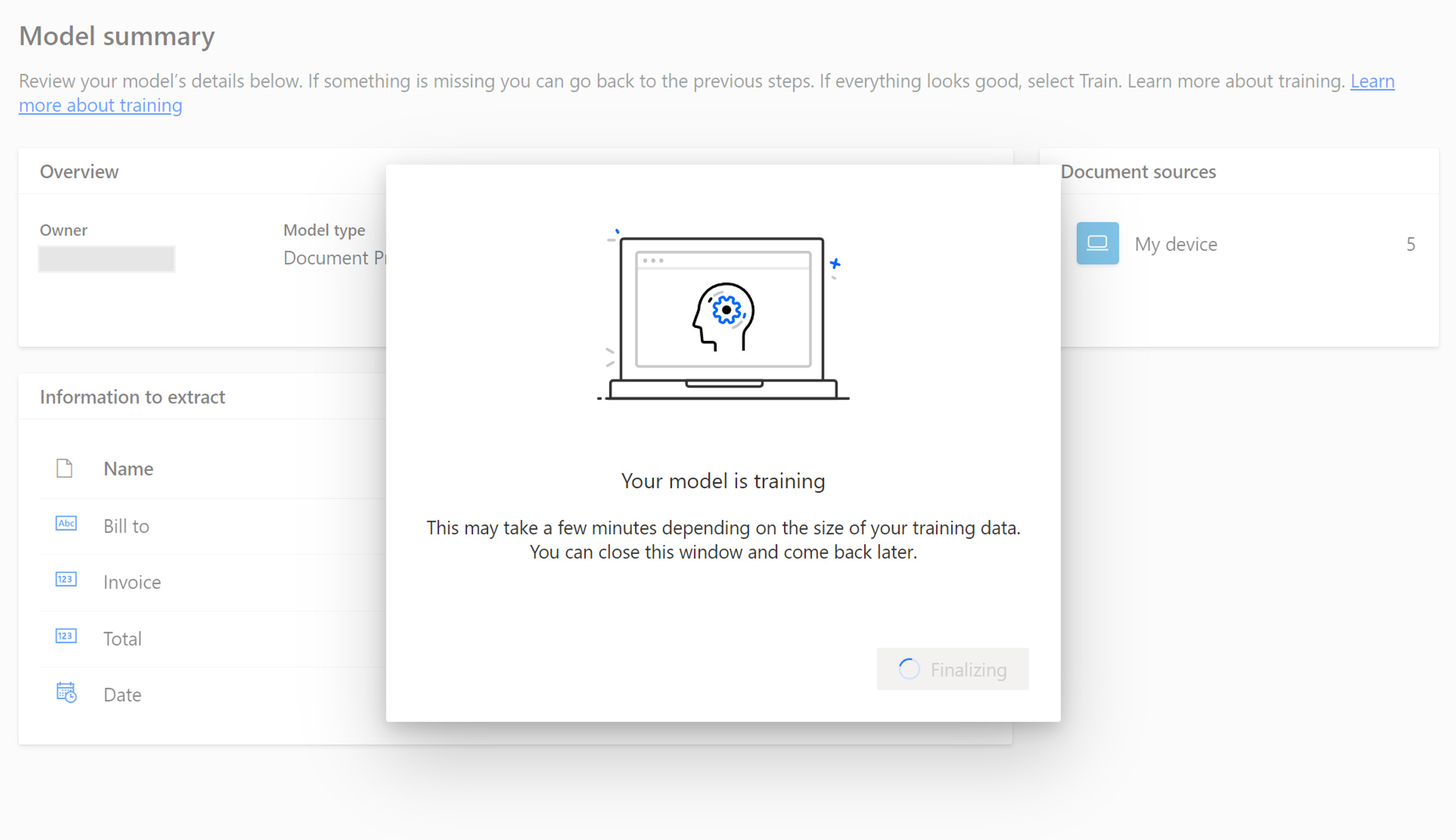 Screenshot of the your model is training message.