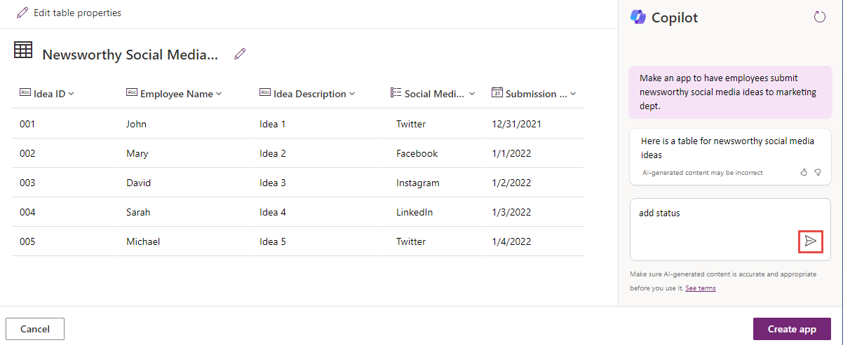 Screenshot of the Copilot prompt and the send button highlighted.
