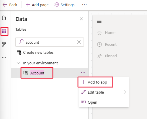 Screenshot of the Account table add to app option.