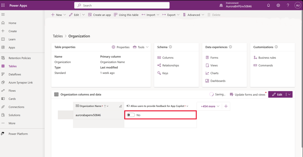 Screenshot of setting the Allow users to provide feedback for App Copilot column to No.