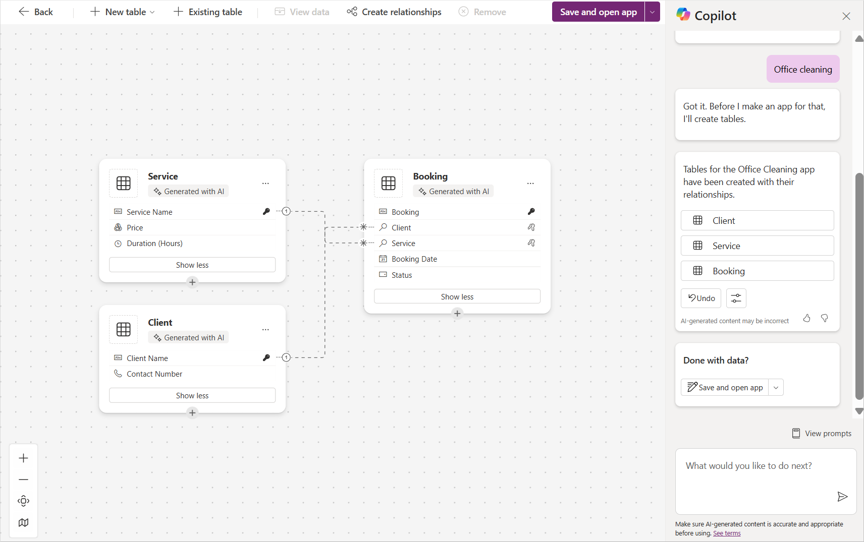 Screenshot of the Dataverse table that Copilot creates.
