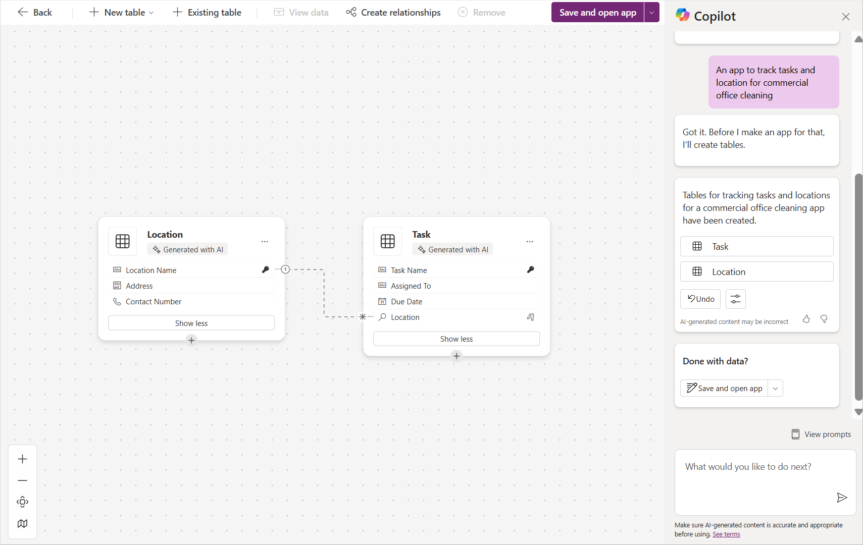 Screenshot showing the Dataverse table that Copilot can create when you give it more information.