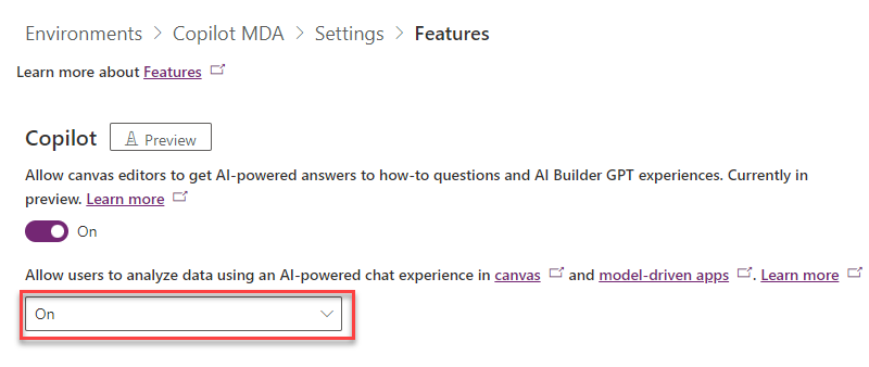 Screenshot of the On toggle to turn on A I powered answers.