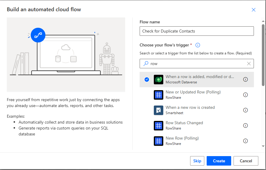 Screenshot of the create flow settings.