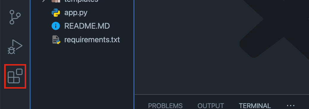 Skærmbillede af aktivitetslinjen i Visual Studio Code med udvidelsesikonet fremhævet