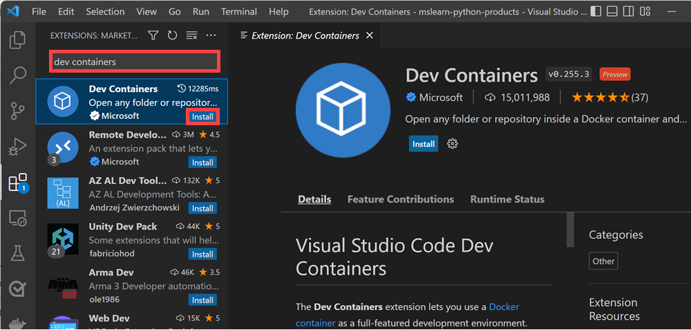 Skærmbillede af udvidelsesgalleriet Visual Studio Code, der viser udvidelsen Dev Containers.