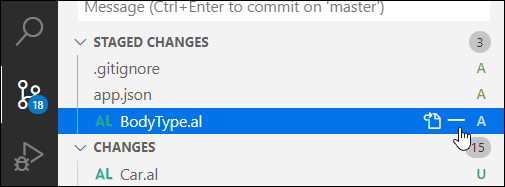 Screenshot of the - feature to unstage or reset a staged file.