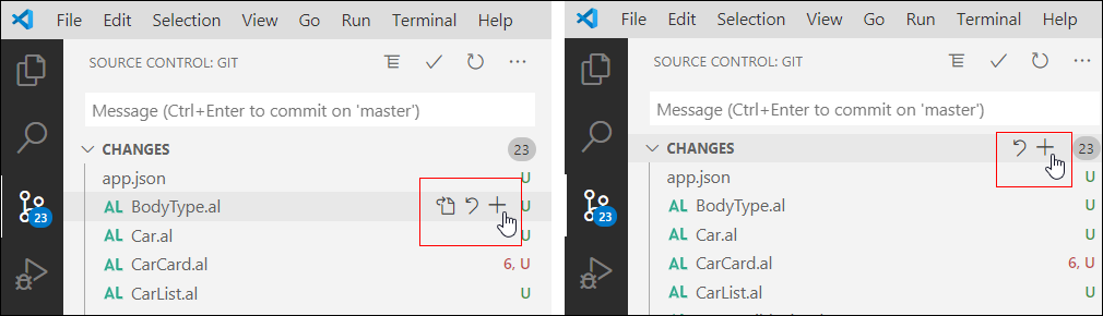 Screenshot of the + feature to add a file in the staging area.