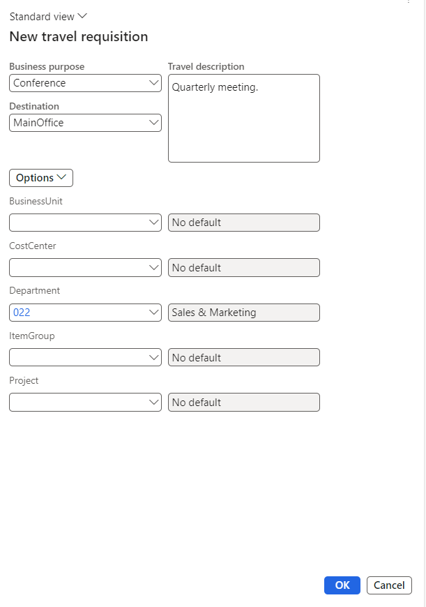 A screenshot of the New travel requisition page.