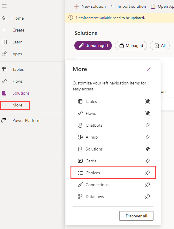 Screenshot of Choices in the maker portal.