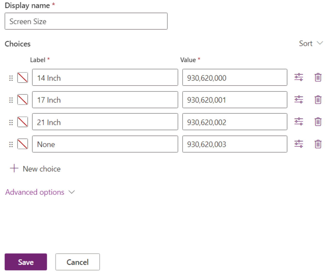 Choice dialog with the name set to Screen Size with 14 inch, 17 inch, 21 inch, and None options added.