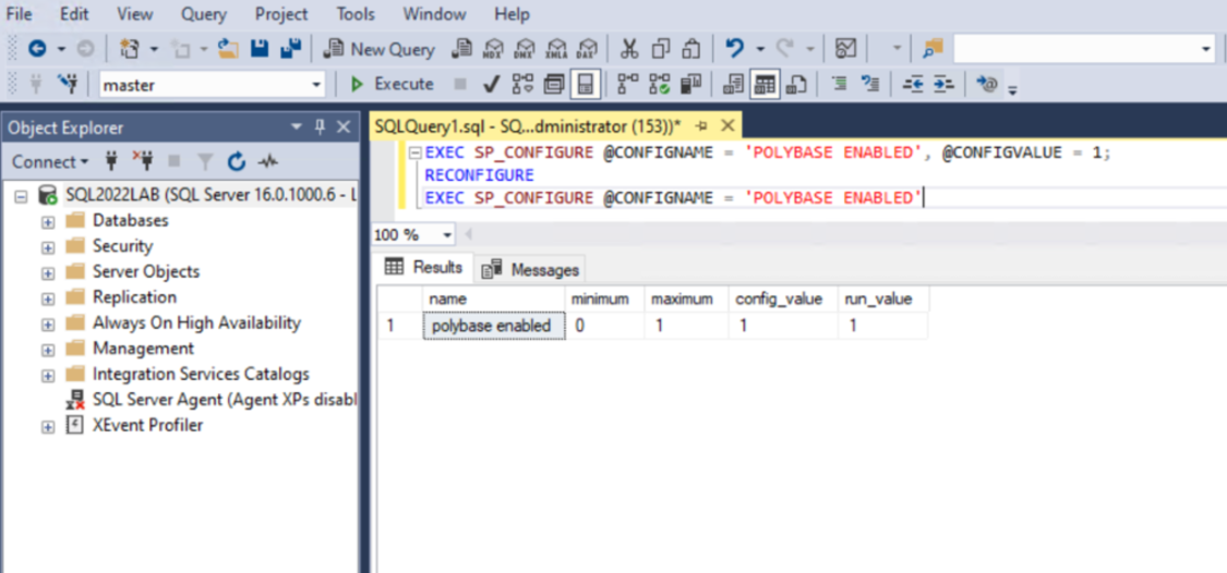 Diagram over aktivering af PolyBase ved hjælp af T-SQL i SQL Server Management Studio.