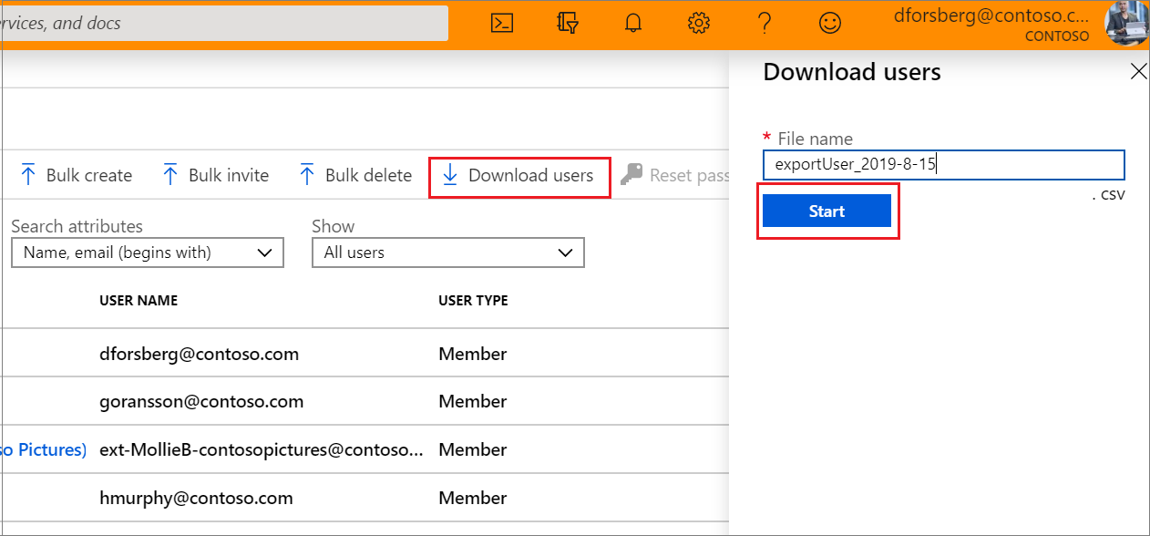 Azure Portal viser knap til download af CSV-fil med brugere.