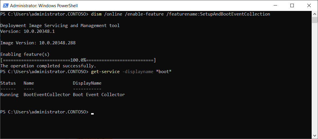 Skærmbilledet viser en PowerShell-session, der kører i et kommandovindue. Tjenesten Boot Event Collector viser statussen Running.