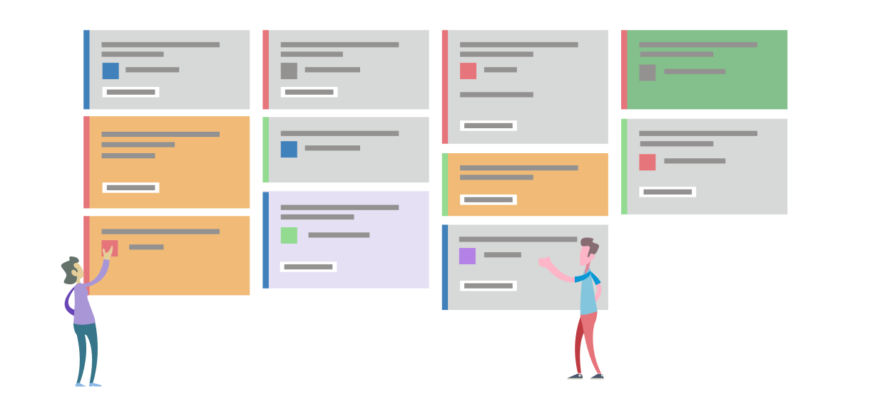 diagram, der viser en Kanban-tavle med personer, der trækker arbejde fra efterslæbet.