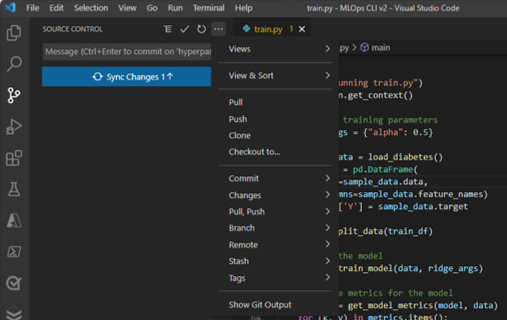 Skærmbillede af ruden til push i versionsstyring i Visual Studio Code.
