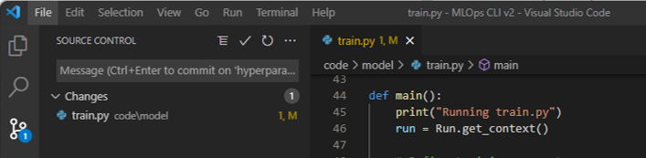 Skærmbillede af oversigt over kildekontrol over ændringer i Visual Studio Code.