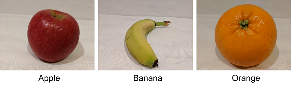 Fotografier af frugt klassificeret som Apple, Banana og Orange.