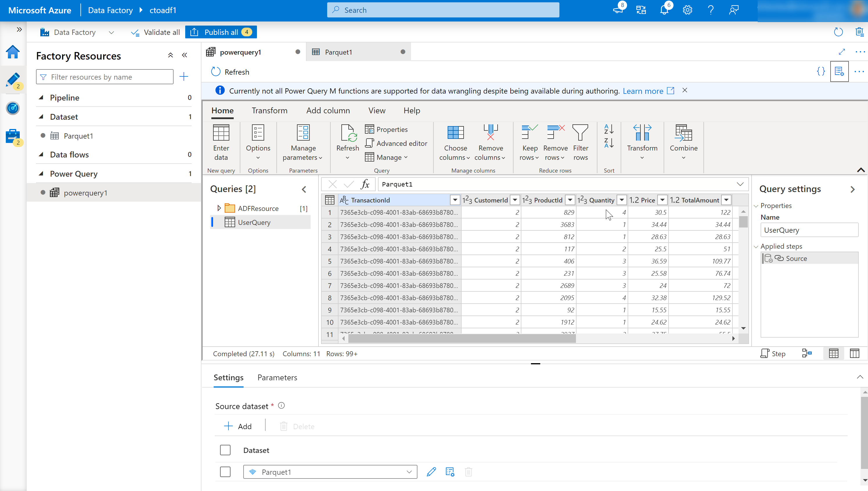 Skærmbillede, der viser Online Mashup Editor-grænsefladen for Power Query i Azure Data Factory.