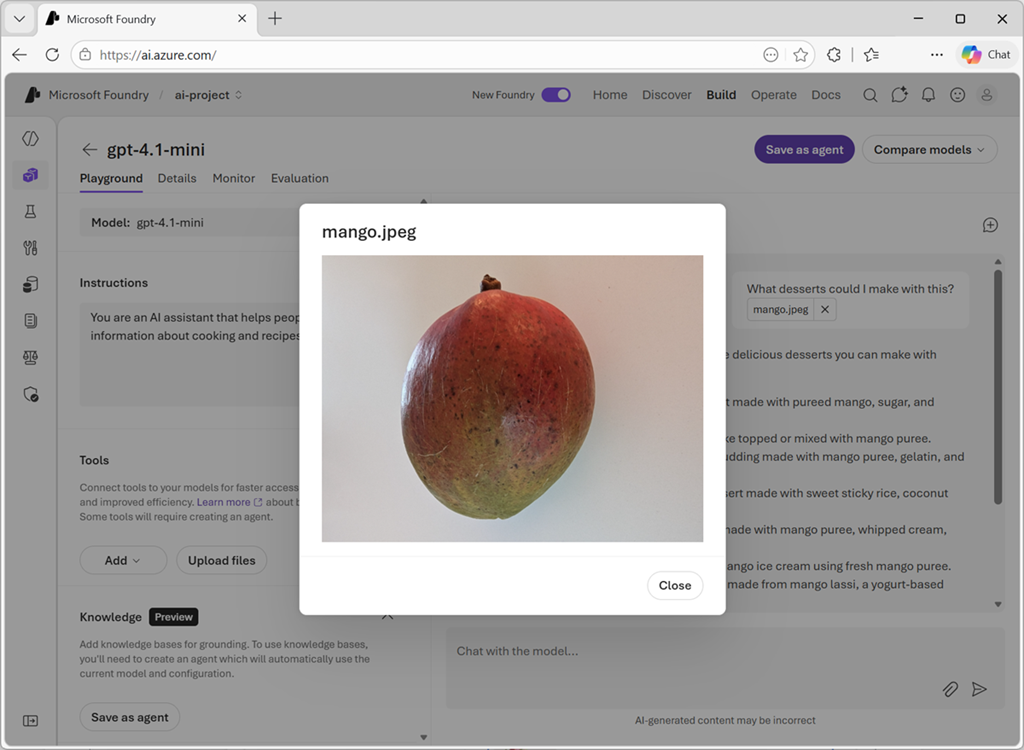 Skærmbillede af chat-legepladsen med en billedbaseret prompt.