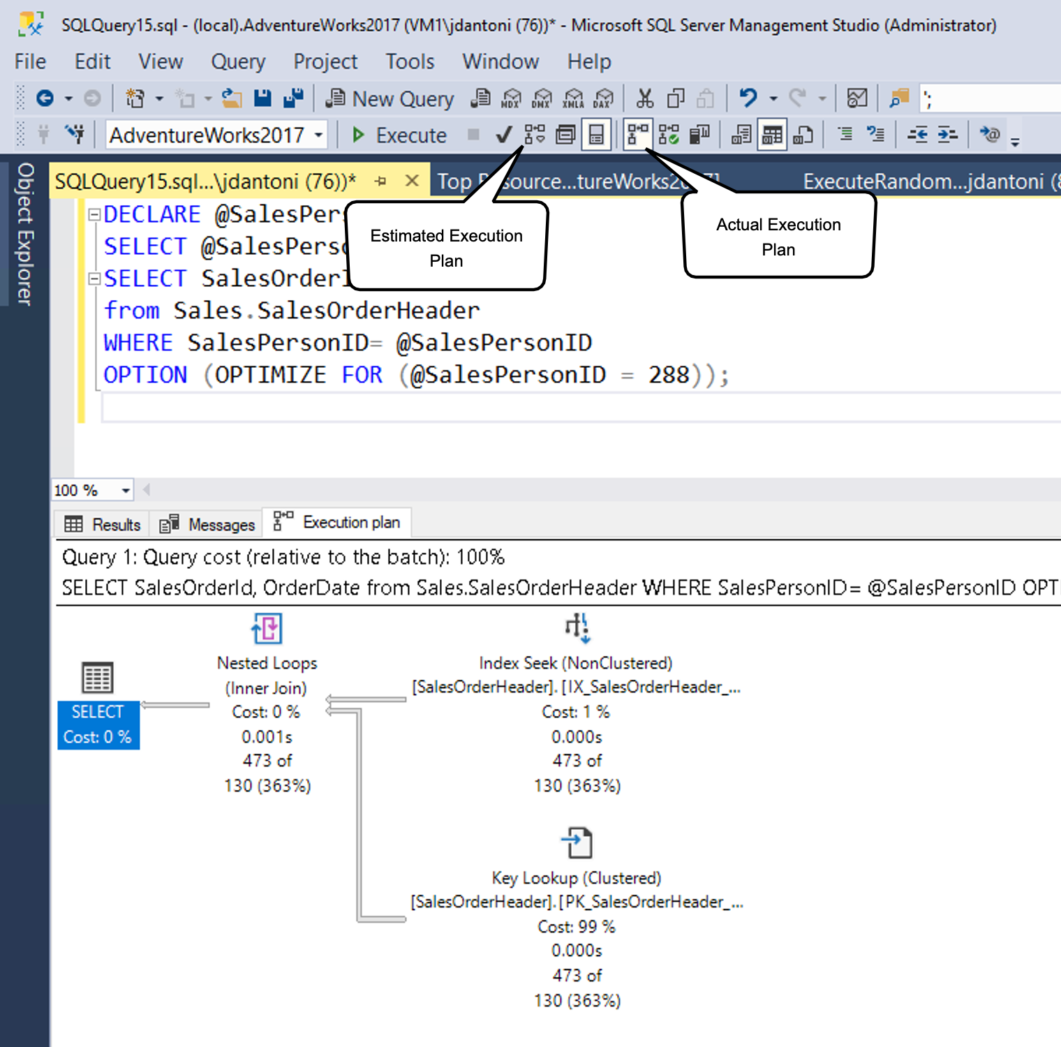 Skærmbillede af en estimeret udførelsesplan, der er genereret i SQL Server Management Studio.