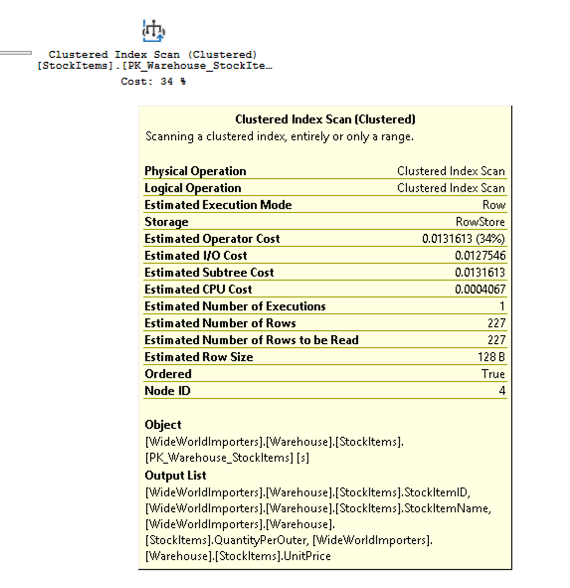Skærmbillede af et værktøjstip til handlingen Clustered Index Scan i tabellen StockItems.