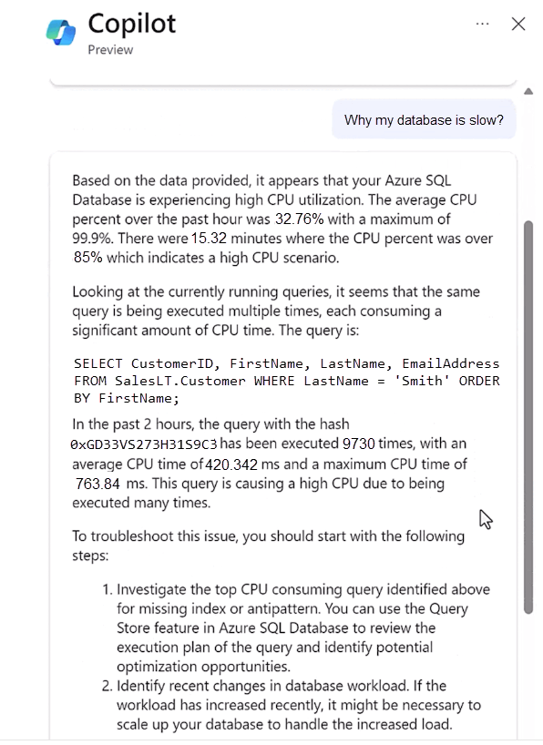 Skærmbillede af Copilot til Azure SQL Database.