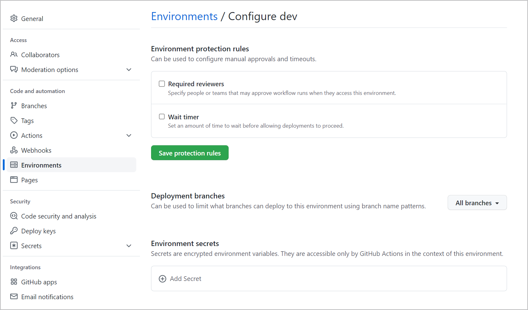 Skærmbillede af konfiguration af et miljø i GitHub.