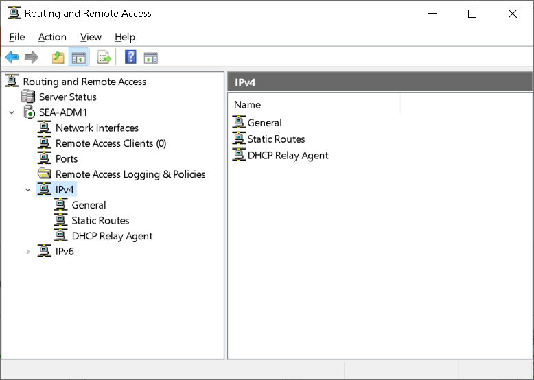 Et skærmbillede af routing- og fjernadgangskonsollen. SEA-ADM1 er konfigureret som en VPN-server.