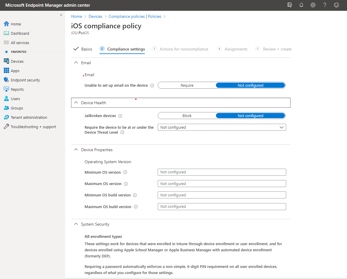 Screenshot showing the steps to create compliance policy.