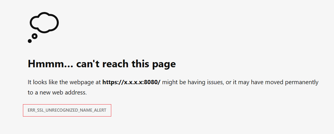 Screenshot of the client error ERR_SSL_UNRECOGNIZED_NAME_ALERT.