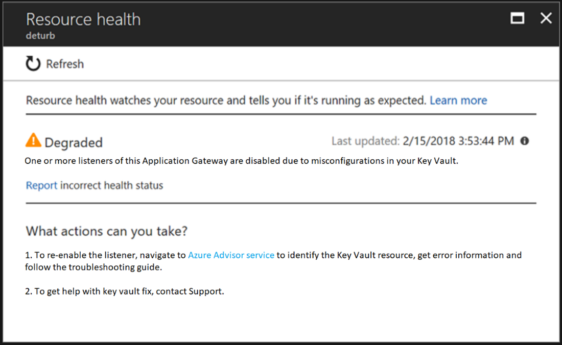 Screenshot of the user-driven resource health event on the Application Gateway Resource Health page.