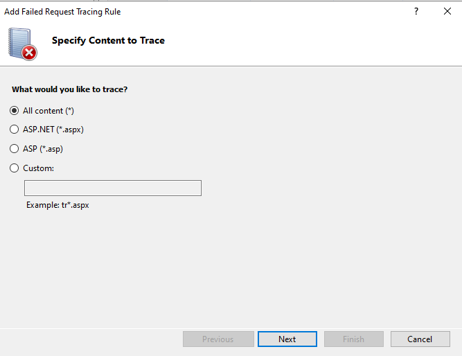 Screenshot of the Specify Content to Trace page in the Add Failed Request Tracing Rule window.