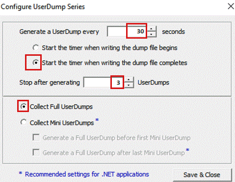 Screenshot of Configure UserDump Series.