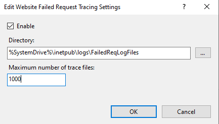Screenshot of the Edit Web Site Failed Request Tracing Settings window.