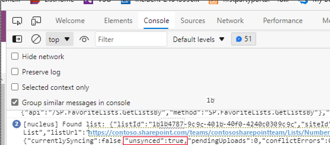 Screenshot that shows a console log line that starts with found list