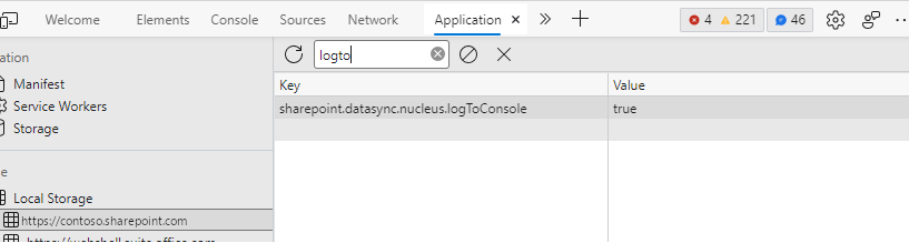 Screenshot that shows that sharepoint.datasync.List sync.logToConsole is added and the value is set to true.