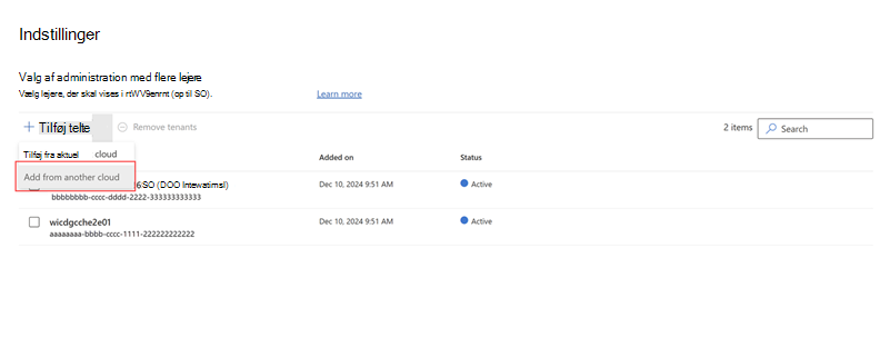 Skærmbillede af siden Indstillinger med indstillingen Tilføj lejer fremhævet.